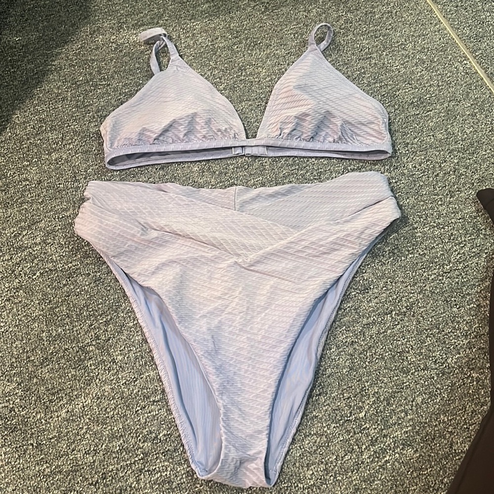 aerie dull blue crinkle Bikini high waisted high cut cheeky bottom, triangle top